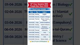 10th Class Tentative Date Sheet Board Exam 2026