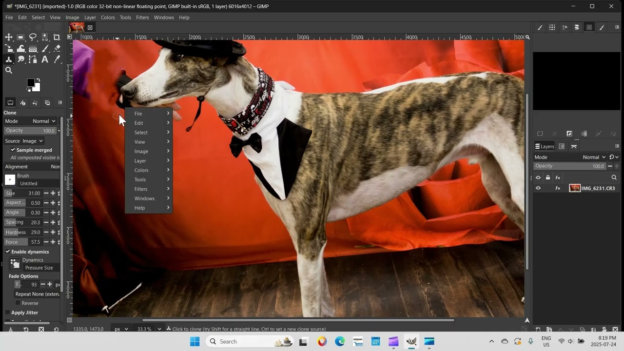 gimp editing video 1 change brightness, clone, crop and save as png file in gimp