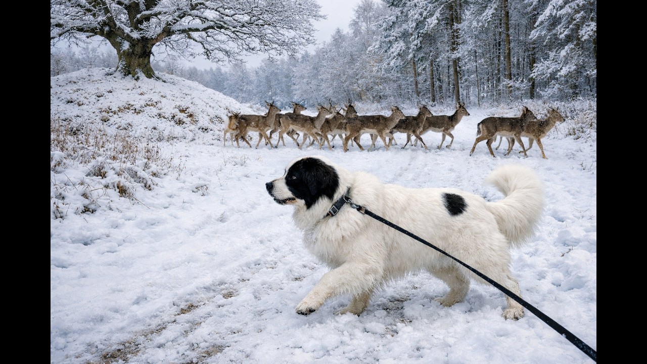 Mille locks onto a herd of fallow deer.  #landseerlife #dog #snow