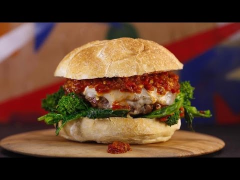 Homemade Hot Italian Sausage Burgers with Provolone, Broccoli Rabe and Hoagie Spread