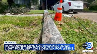 Action 13 gets CenterPoint street light pole removed from Houston yard
A northeast Houston homeowner told ABC13 that a car crash about two weeks ago left a damaged street light pole in his yard and blocked the sidewalk. Action 13 gets CenterPoint street light pole removed from Houston yard