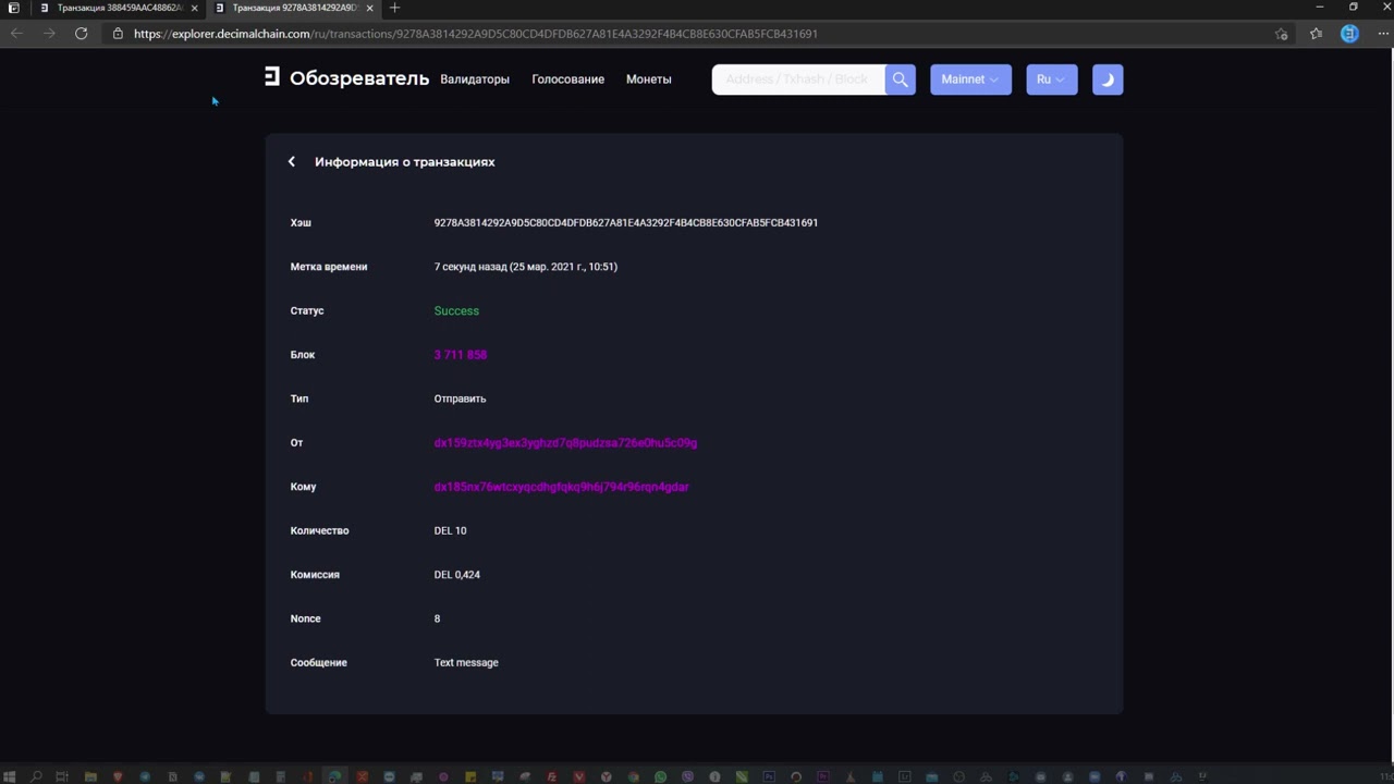 Обзор транзакции в Explorer DecimalChain