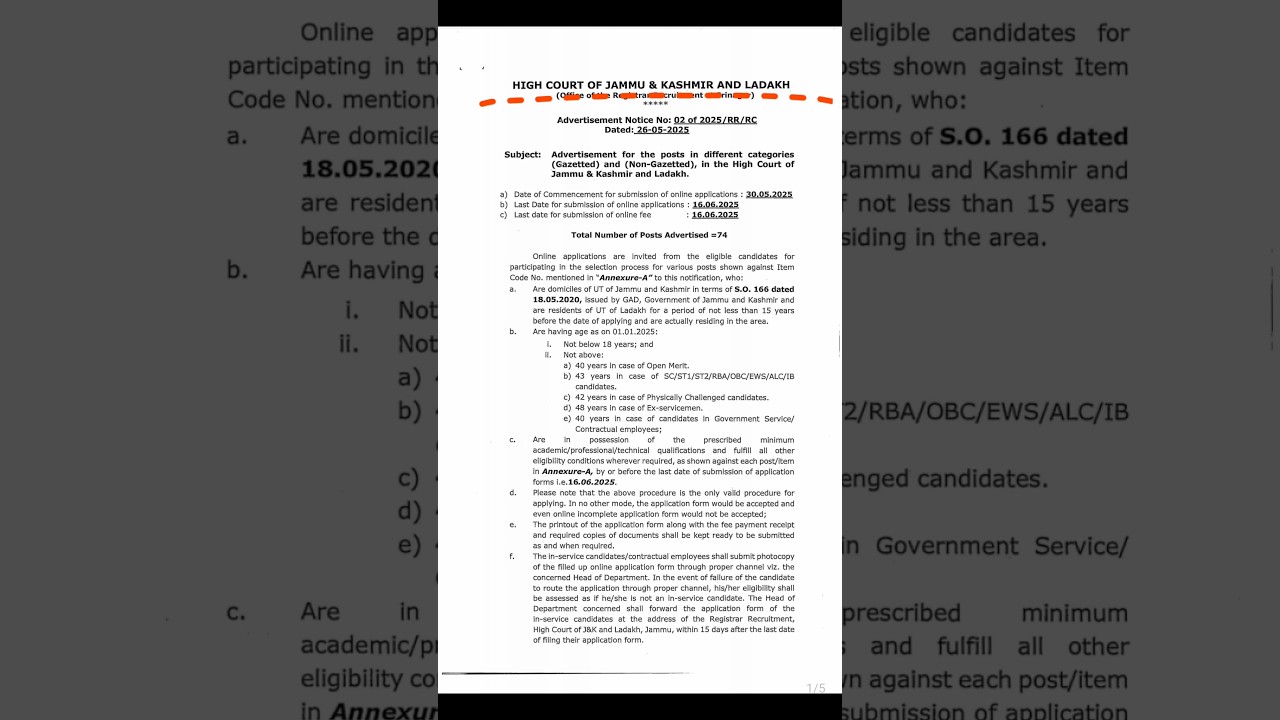 High Court of Jammu and Kashmir and Ladakh various post Recruitment 2025
