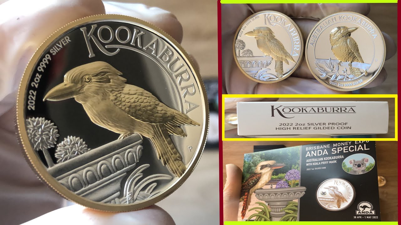 Gold-Gilded 2022 2oz Silver High Relief Proof Coin Australian Kookaburra