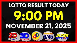Lotto Result Today 9pm Draw November 21 2025  2d 3d Swertres 4d 645 658 Pcsolotto