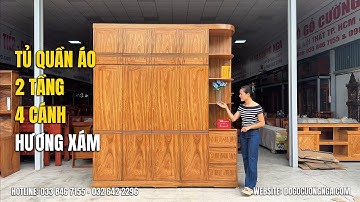 Tủ Áo Gỗ Hương Xám 2 Tầng 4 Cánh Kèm Kệ Góc Vế Phải | Đồ Gỗ Cường Nga