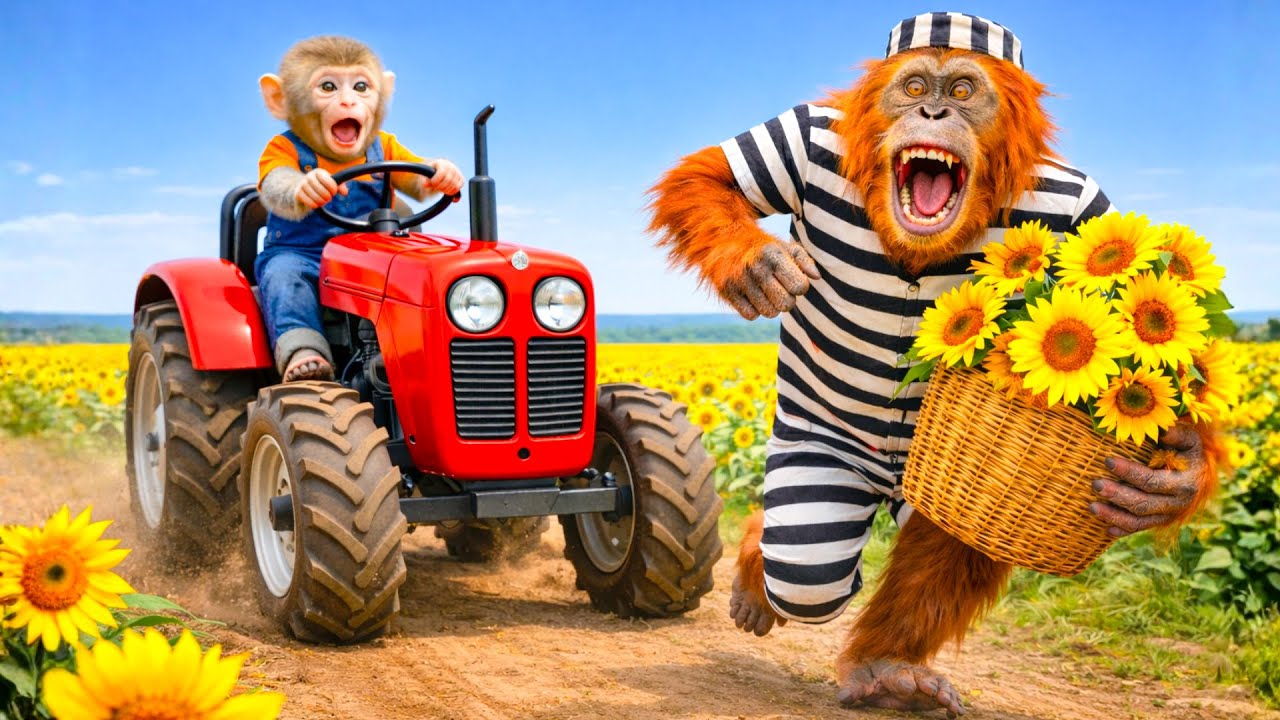 Monkey Farmer vs A Thief at the Sunflower Farm! - Monkey Farm Work | Kuto Monkey Farm