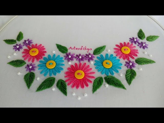 Hand Embroidery:Lazy daisy stitch neckline | Bordado a mano para cuello: Flores en puntada margarita