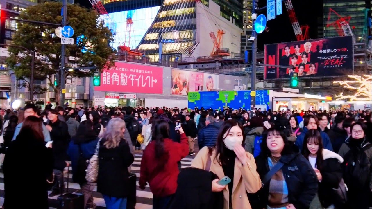 HDR Shibuya crossing night view & walking tour. Tokyo, Japan. 