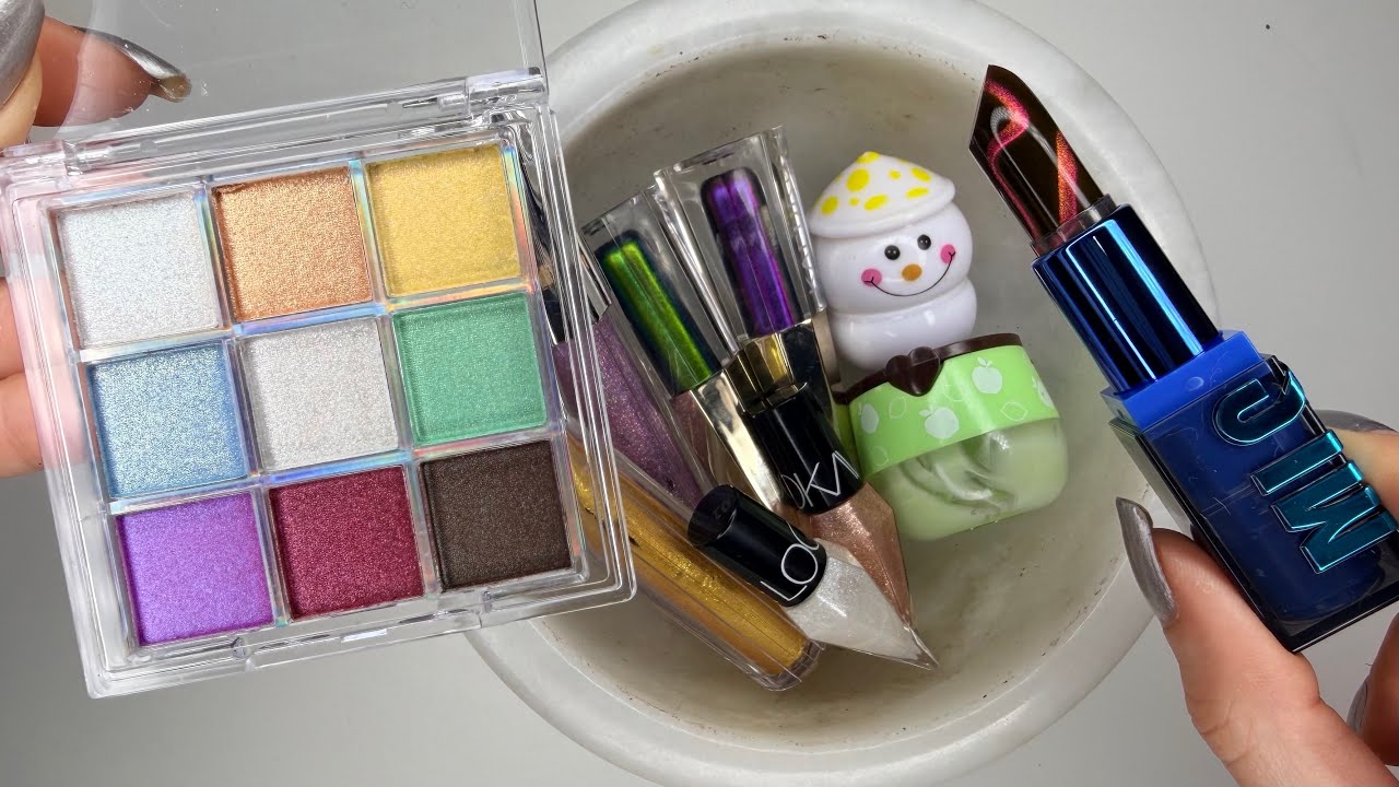 Coloring Slime with Cute Glitter☃️🍏🍯💛💜💙💚🤍🩷Lipstick💄Lip Balm &Eyeshadow! ASMR Satisfying Makeup Slime