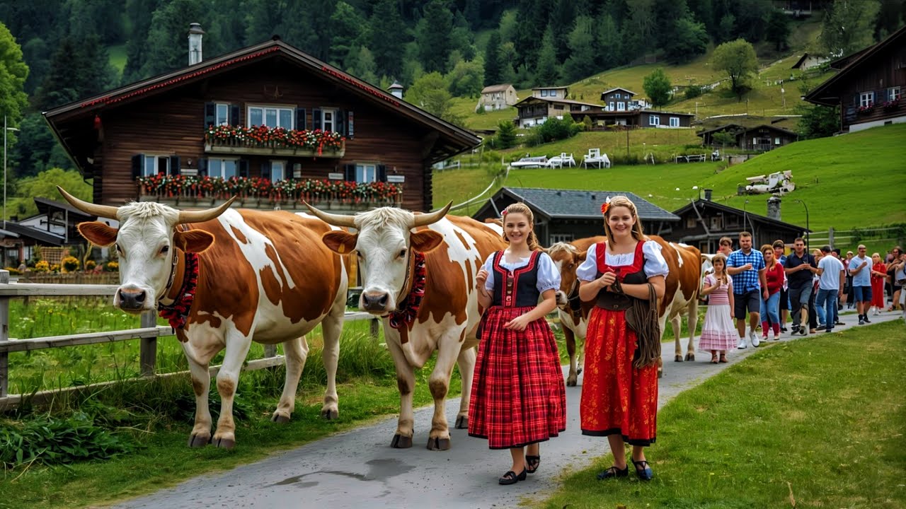 Самая красивая деревня Швейцарии _ Аппенцелль🇨🇭Швейцарская корова возвращается домой из Альп