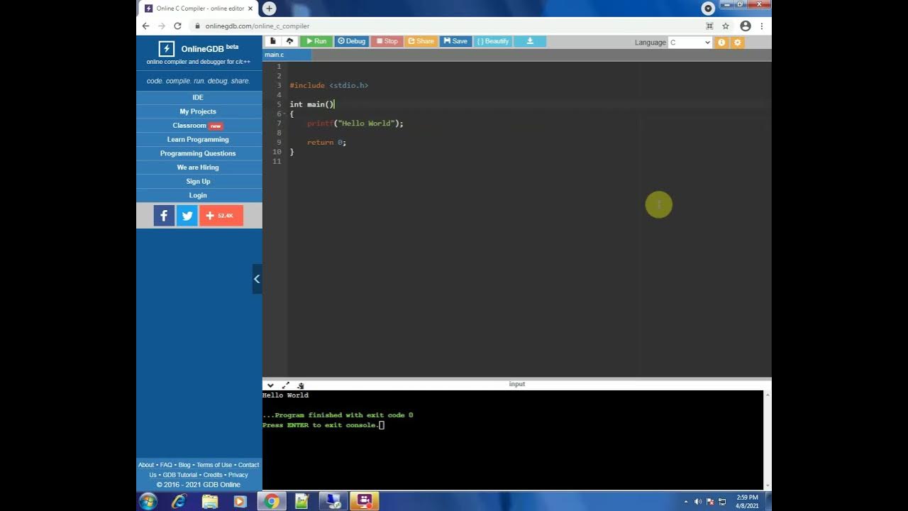 How to use an online compiler to write simple programs in C. (basics of ... image.