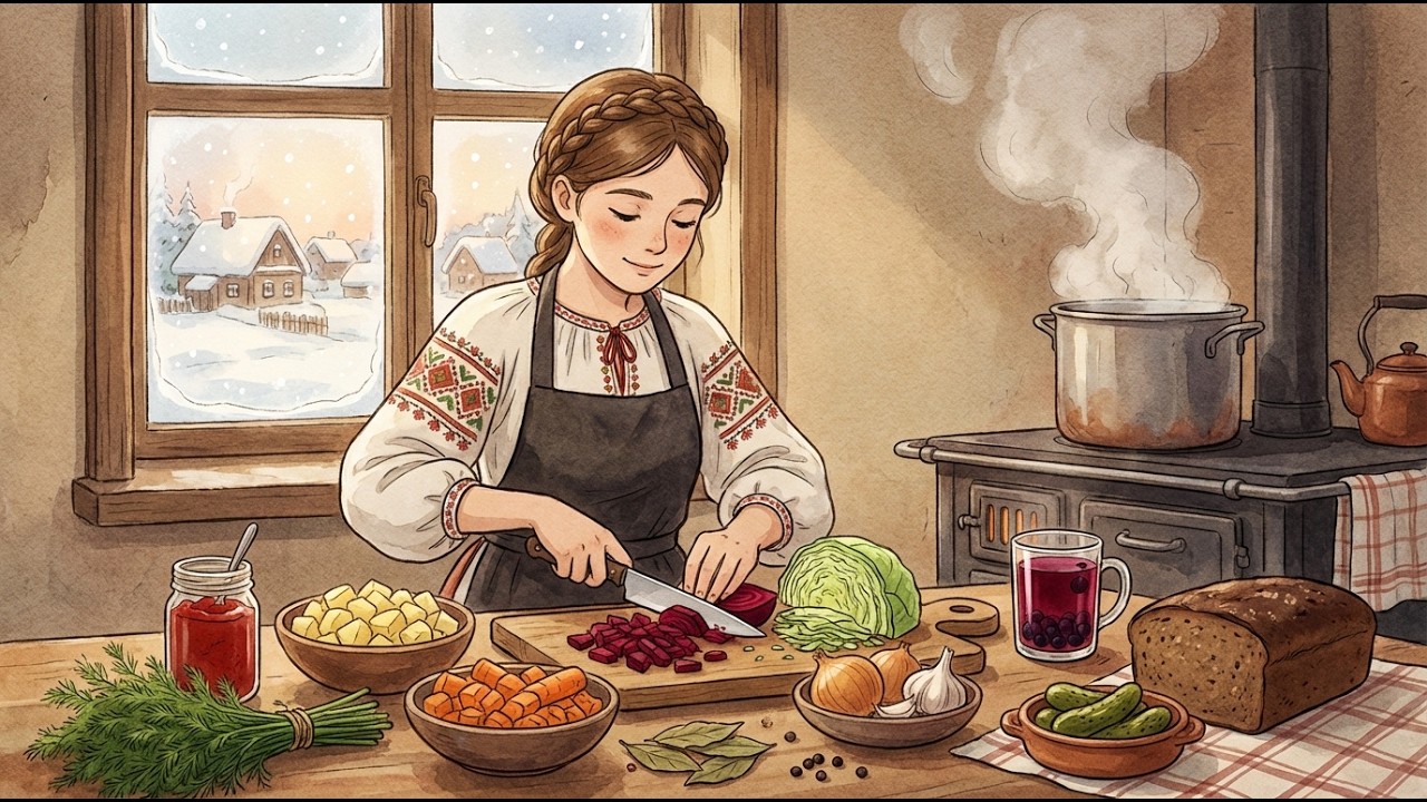 Cozy Ukrainian Borscht on a Snowy Day (Beet Soup ASMR) | Ghibli Style Slow Living & Cooking