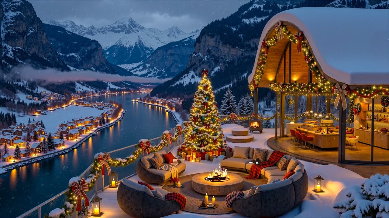 Warm Christmas Jazz🎄Snowy Mountain Café Terrace by the Fireplace at Night for Calm & Cozy Relaxation