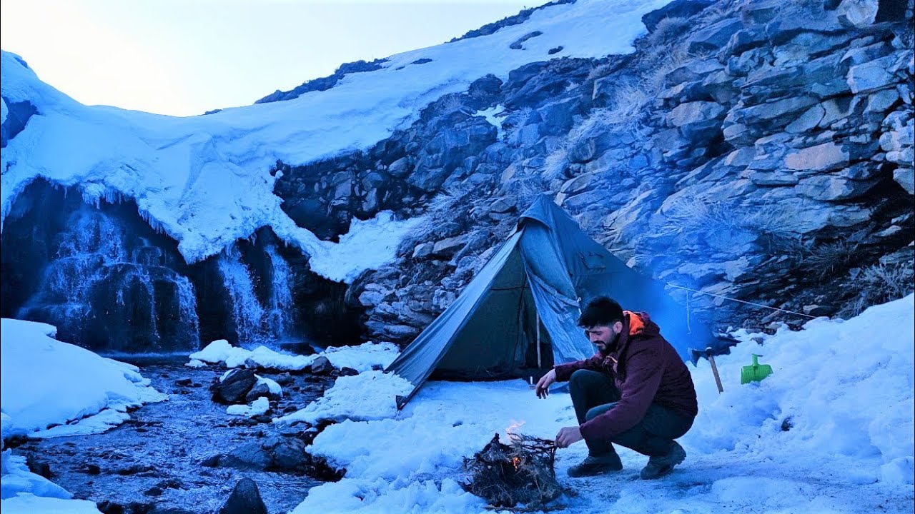 Solo Hot Tent Winter Camping in Deep Snow, Survival Camp by Waterfall, Snow Storm, Nature Sounds