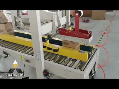 Automatic box tape sealer folding and sealing boxes on a roller conveyor