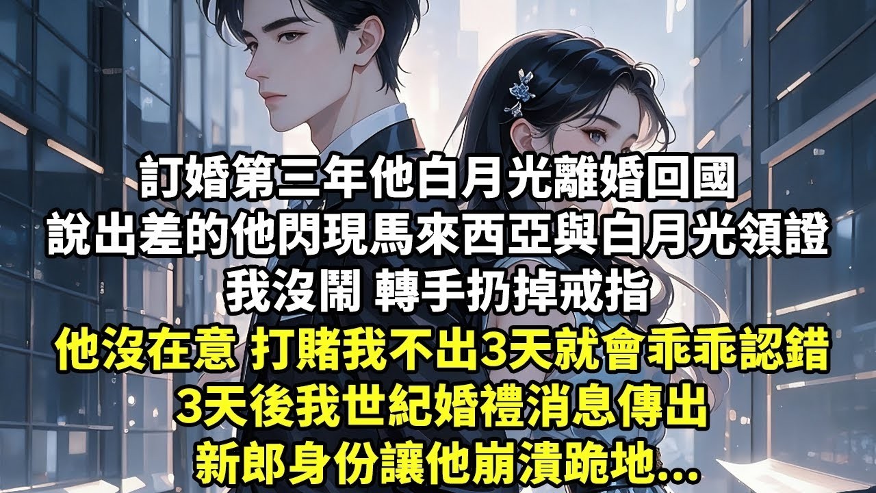 訂婚第三年他白月光離婚回國 說出差的他閃現馬來西亞與白月光領證 我沒鬧 轉手扔掉戒指 他沒在意 打賭我不出3天就會乖乖認錯 3天後我世紀婚禮消息傳出 新郎身份讓他崩潰跪地  【追妻火葬場】【現
