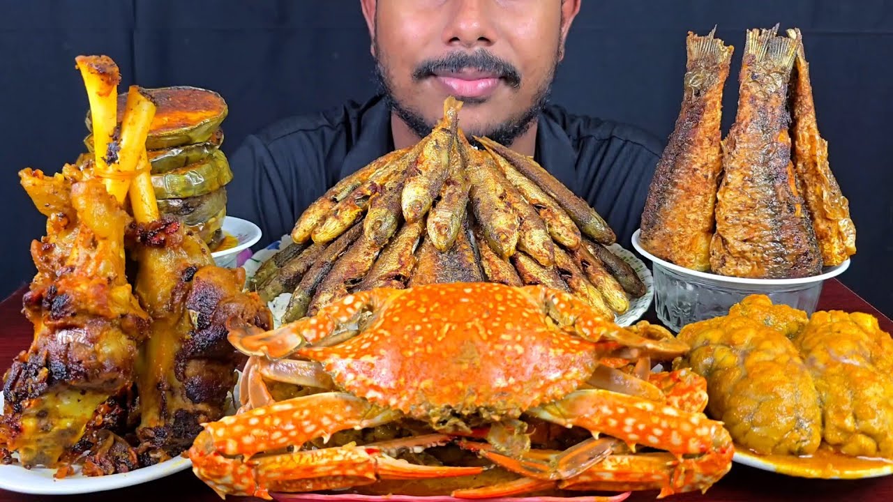 Eating Spicy Big Crab Curry,Fish Fry,Beef Brain,Mutton Nalli Fry,Brinjal Fry With Rice || Asmr Show