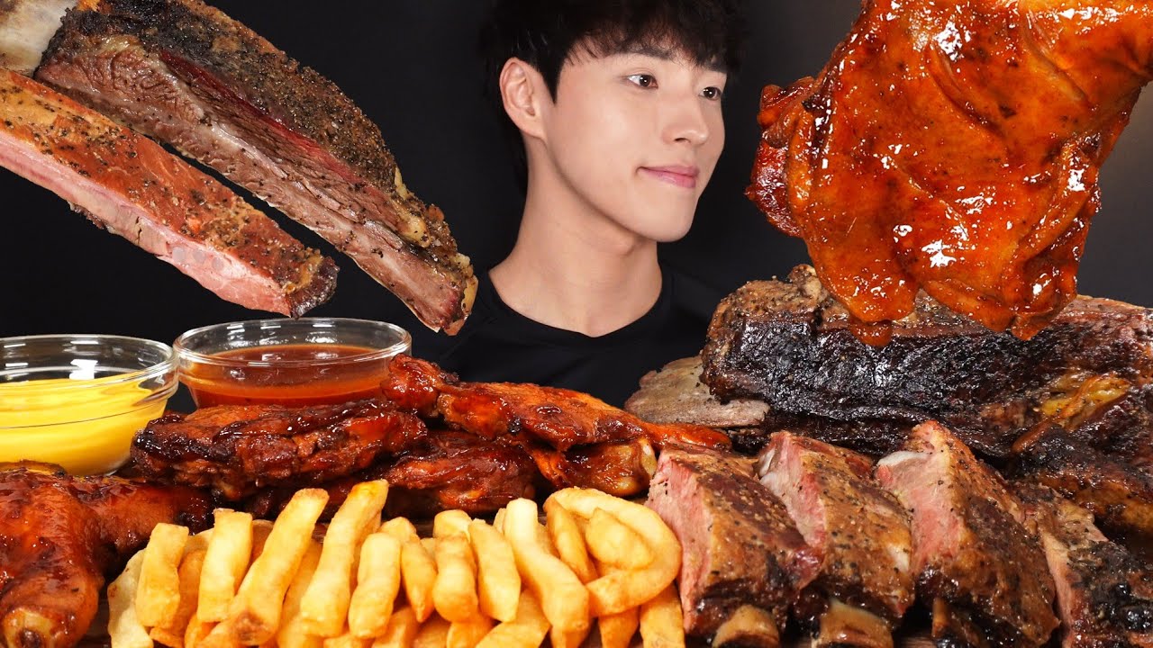 ASMR MUKBANG BBQ CHICKEN & GIANT BBQ RIBS & FRENCH FRIES