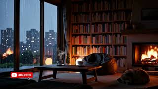 Rainy Day in a Cozy Library 📚🔥 | Fireplace, Rain & Tea Ambience for Study, Sleep, or Relaxation