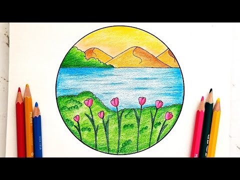 رسم منظر طبيعي رسم فصل الربيع رسم منظر طبيعي بالألوان رسم سهل رسم الفصول الأربعة رسم Rsm