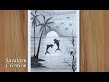 How to draw scenery of dolphin in beach  sunset scenery drawing with pencil sketch