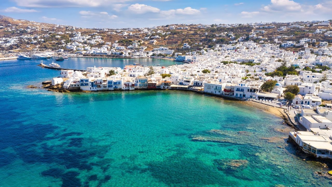 Mykonos Greece Aerial drone view 4K