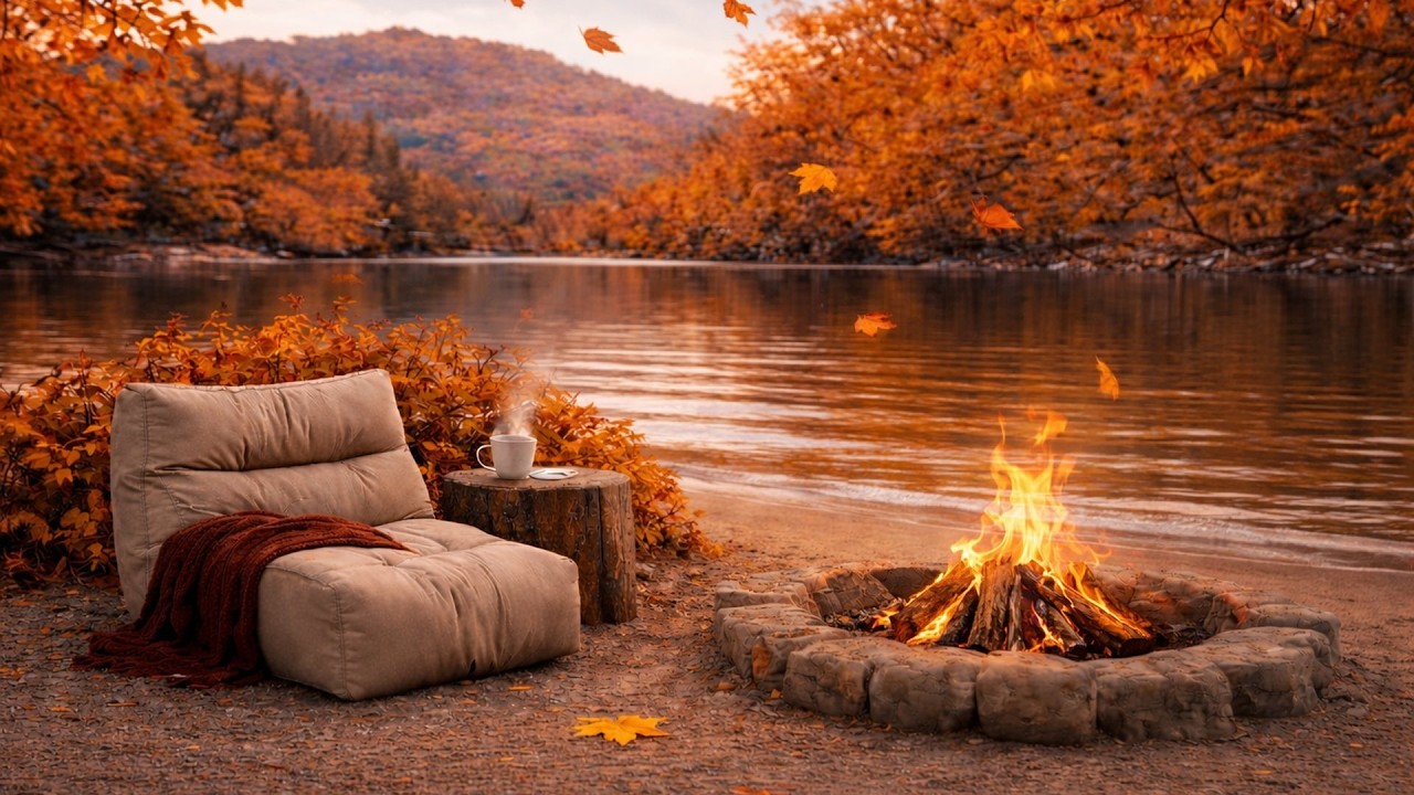 Cozy Autumn  Lake Ambience 🍁 Smooth Jazz Music & Fire Crackling Sounds | Study • Read • Sleep 
