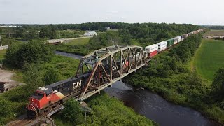 Awesome Aerial and Ground Views! Long Stack Train CN 120 w/ex CREX Unit at Elmsdale, NS