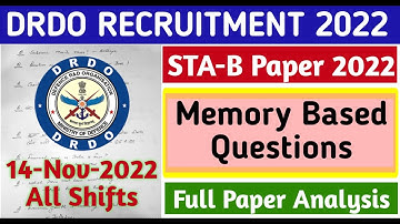 DRDO Today Paper Analysis | DRDO Full Paper Analysis | DRDO STA B Paper | 𝐃𝐑𝐃𝐎 𝟏𝟒-𝐍𝐨𝐯-𝟐𝟎𝟐𝟐 𝐏𝐀𝐏𝐄𝐑