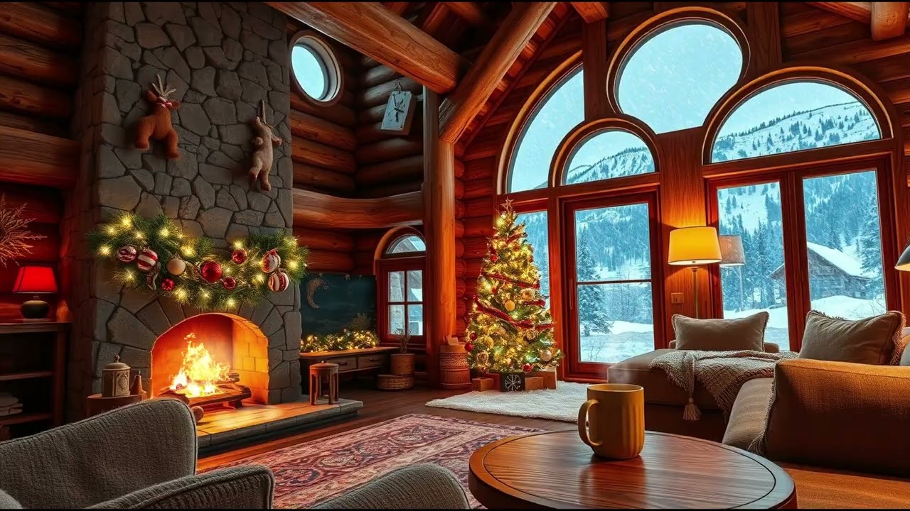 Magical Christmas Chalet in the Mountains with Snowfall & Fireplace Ambiance