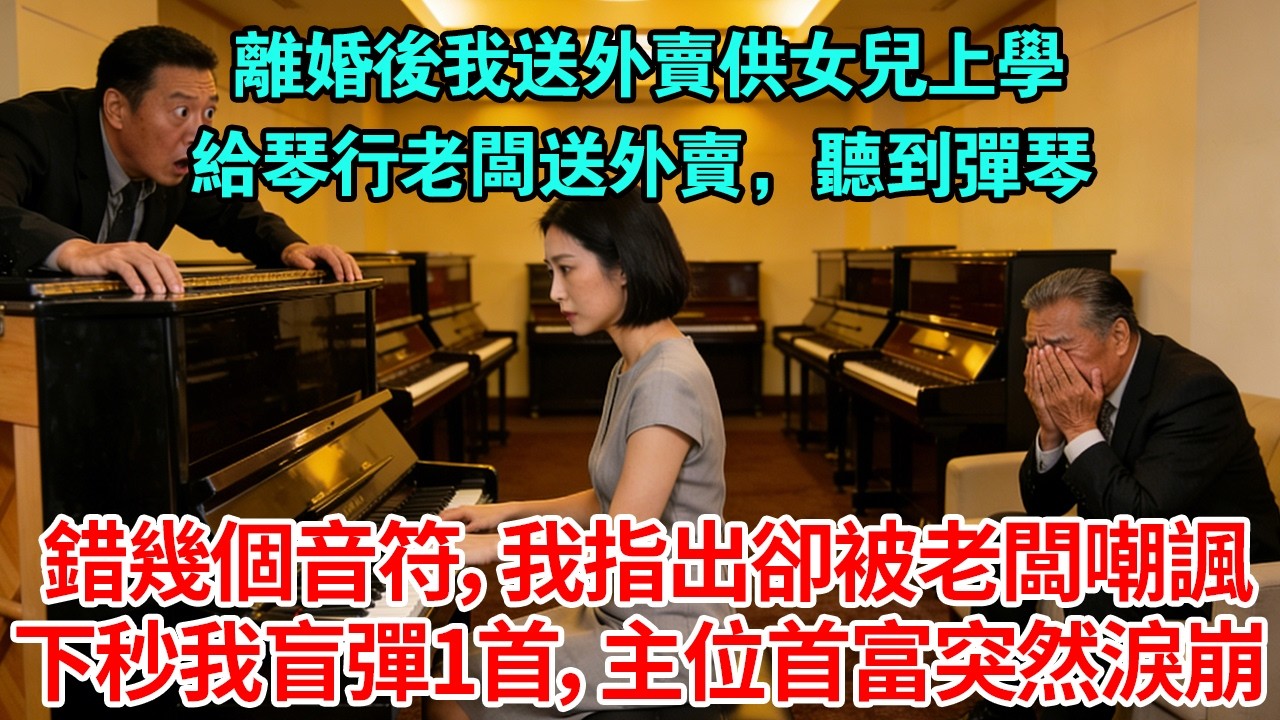 離婚後我送外賣供女兒上學給琴行老闆送外賣，聽到彈琴錯了幾個音符，我指出卻被老闆嘲諷下秒我盲彈1首，主位首富突然淚崩#為人處世#生活經驗#情感#故事#正能量