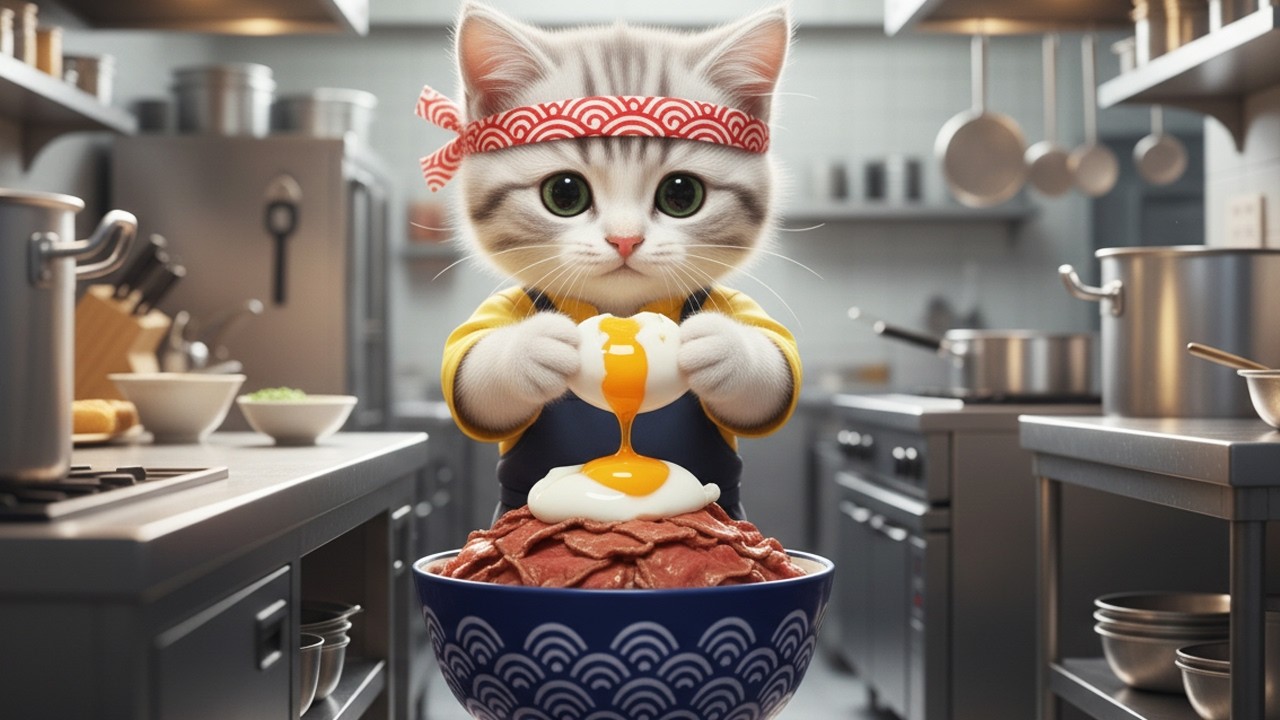 いらっしゃいませー!!特盛牛丼一丁お届け!!まるりんの一日に密着🐱🍚