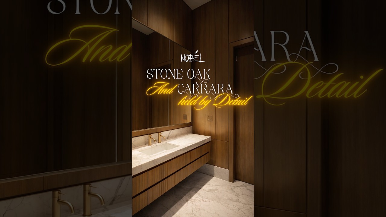 Stone oak & Carrara marble contrast in balance; brass accents unify the design.