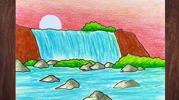Vẽ đề tài phong cảnh thác nước đơn giản từng bước | how to draw waterfall step by step #vetranh