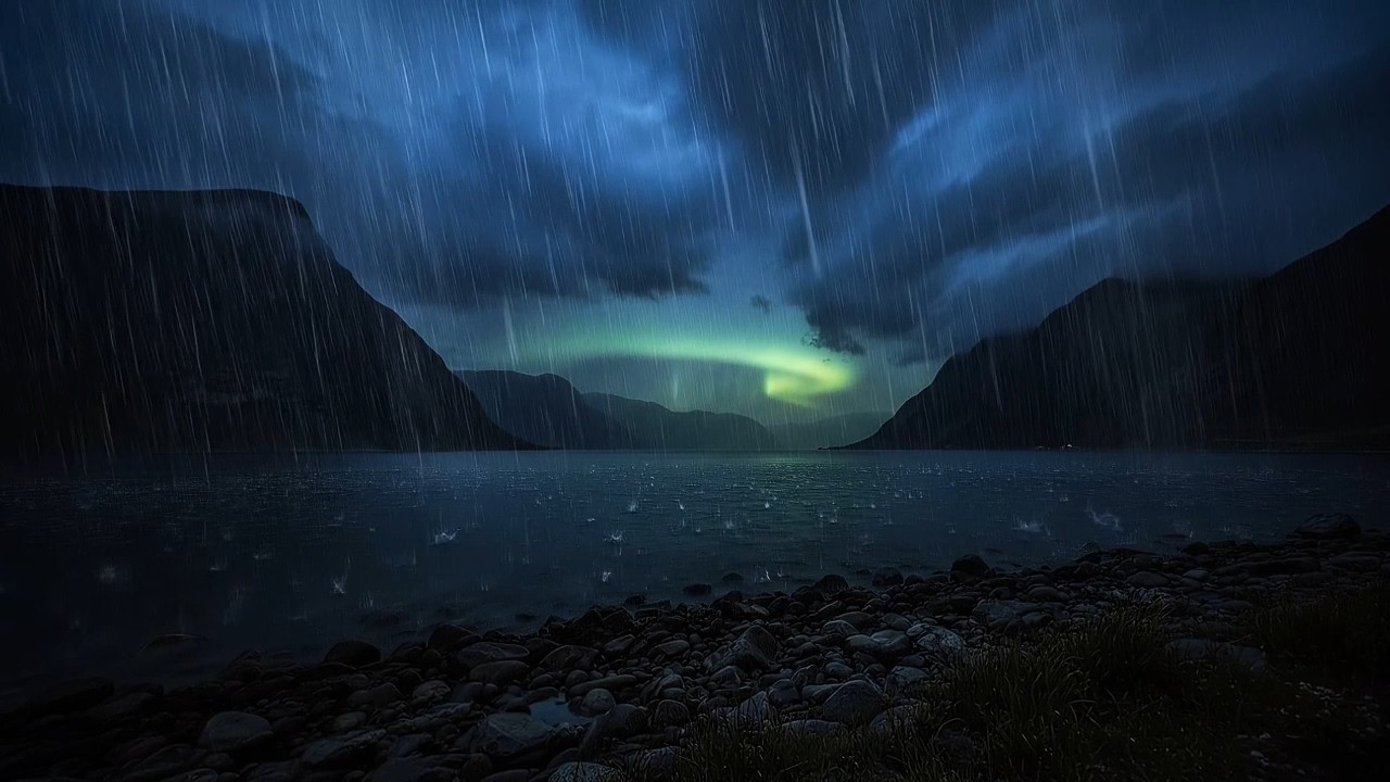 BEST Rain Sounds for Sleeping 🌧️ Viking Fjord Northern Lights | Peaceful Atmosphere