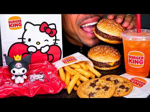 ASMR BURGER KING HELLO KITTY KING JR MEAL CHEESEBURGER FRIES TOY COOKIE EATING SHOW MUKBANG JERRY