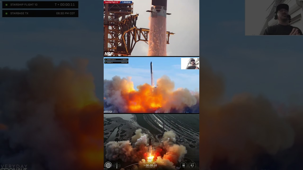 Starship Flight 10 Three Simultaneous Views 