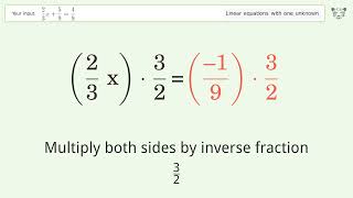 Linear equation with one unknown: Solve 2/3x+5/9=4/9 step-by-step solution