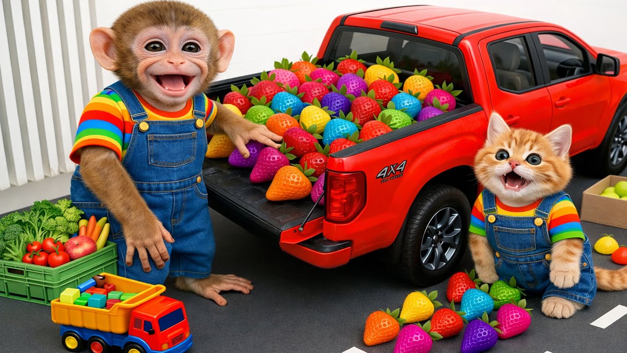 Monkey DoDo walks and drinks juice with a kitten among balloons in the countryside |DoDo Monkey Life