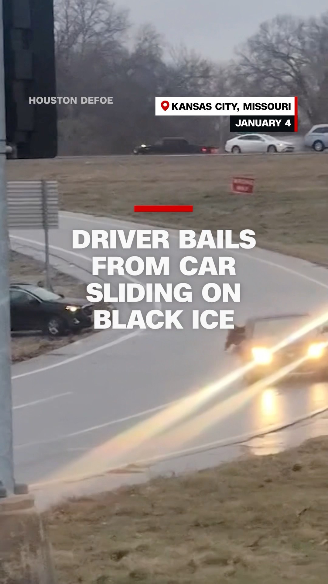 Driver bails from car sliding on black ice