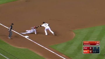 PHI@MIA: Kelly nabs Hernandez for double play