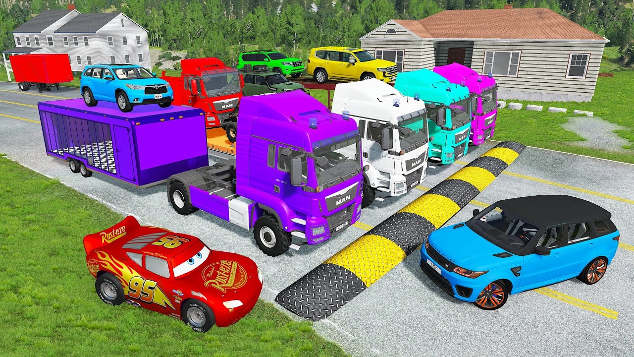 Flatbed Truck McQueen | Transportation with Truck - Pothole vs Car #223| BeamNG.Drive Gameplay