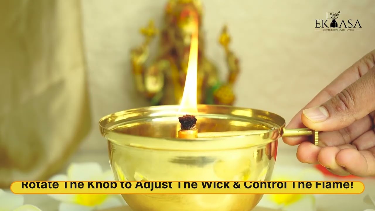 Ekhasa Pure Brass Akhand Jyot Diya with Plate, Adjustable Bati Knob, Glass Cover