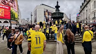 London, Piccadilly Circus is Yellow, UEFA CHAMPIONS Walk with Dortmund Football Fans 4K 60fps