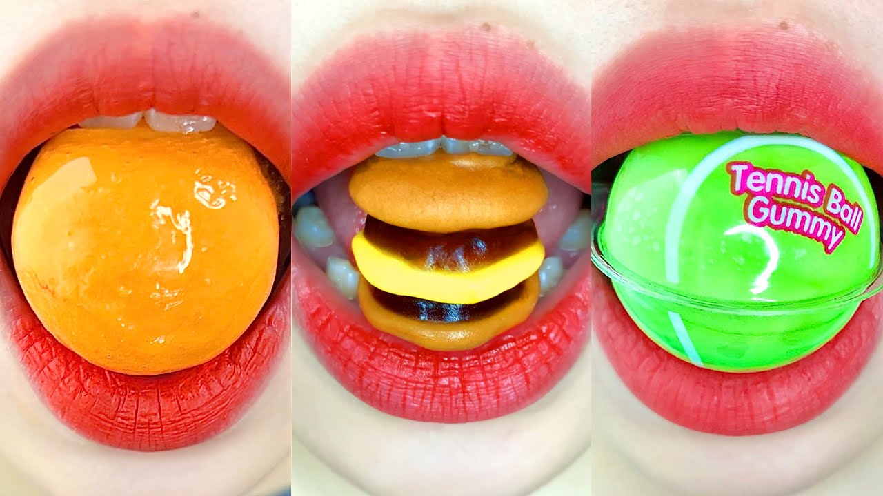 asmr GUMMY TANGHULU SOUR HAMBURGER GUMMY ICE ORANGE JELLY TENNIS BALL