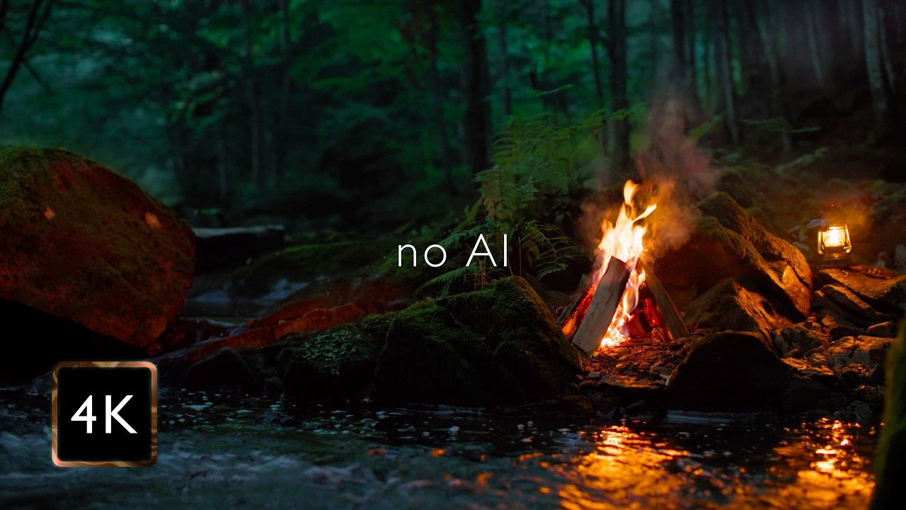 Real Campfire by the Night River — Hidden between Ancient Forest Rocks | Soothing Nature (4K)