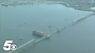 Aerial view of collapsed bridge in Maryland