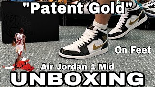 UNBOXING 2023 AIR JORDAN 1 MID SE | PATENT GOLD | ON FEET LOOKS