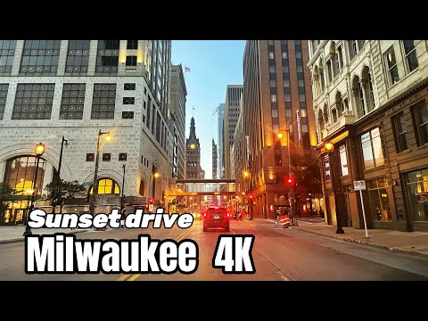 Milwaukee 4K , driving downtown ,sunset drive , driving night , Wisconsin USA